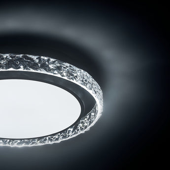 50cm round LED flush-mount ceiling light, close-up faceted acrylic outer ring on black trim