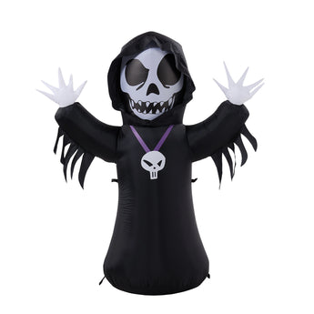 Front view inflatable hooded skeleton Halloween decoration with skull face, purple tie, claw arms