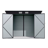 Gray outdoor storage shed with double doors open, showing interior wall paneling
