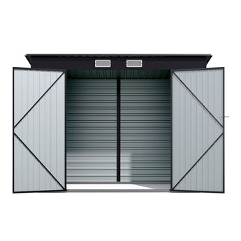 Gray outdoor storage shed with double doors open, showing interior wall paneling
