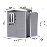 Gray plastic garden storage shed dimension diagram with open side door view