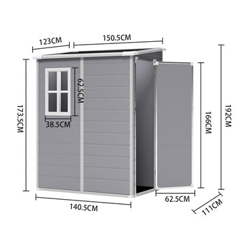 Gray plastic garden storage shed dimension diagram with open side door view