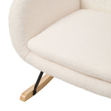 Cream padded rocking chair armrest and seat cushion with light wood runner.