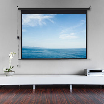 Motorized projector screen with black roller housing and power cable