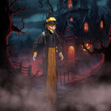 Witch costume with black hooded cloak, orange webbed skirt, and yellow pointed hat