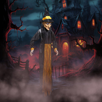 Witch costume with black hooded cloak, orange webbed skirt, and yellow pointed hat
