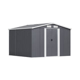 Anthracite metal garden storage shed with sliding doors and apex roof, front view