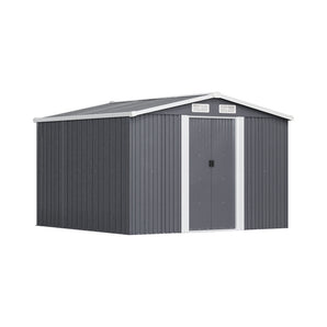 Anthracite metal garden storage shed with sliding doors and apex roof, front view