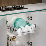 Pull-out wire basket drawer with open rack for plates and bowls