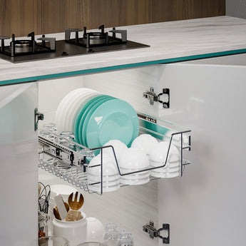 Pull-out wire basket drawer with open rack for plates and bowls