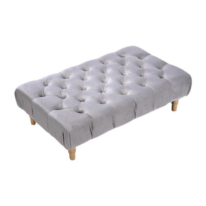 Rectangular velvet footstool with button-tufted top in light gray