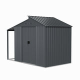 Metal garden storage shed exterior with grey corrugated siding, sloped roof, and front door