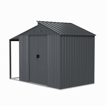 Metal garden storage shed exterior with grey corrugated siding, sloped roof, and front door