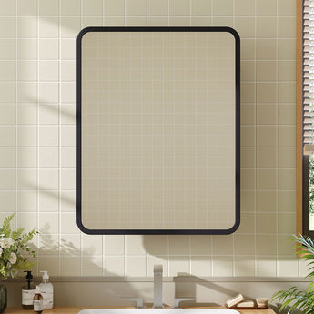 Wall-mounted rectangular mirror cabinet in a bathroom with dark trim above the sink