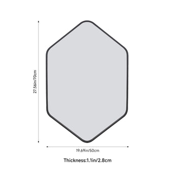 Hexagon-shaped bathroom mirror with black aluminum frame and clear reflective glass