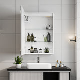 Open white LED mirror cabinet with shelves holding bottles and toiletries