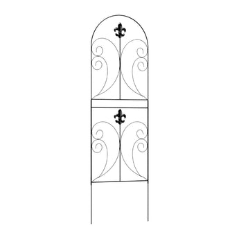Black metal decorative fence panel with arched top, scrolls, and fleur-de-lis motif