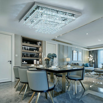 Double-layer square crystal flush ceiling lamp with cascading crystal rings and prisms