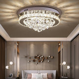 Round semi-recessed ceiling lamp with clear crystal drops and chrome metal ring
