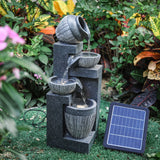 Black 4-tier cascading fountain with ribbed bowls, water stream, and solar panel