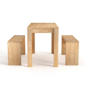 Natural wood dining set with rectangular table and two benches