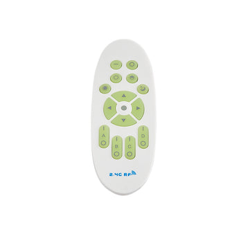 White LED remote with green directional buttons and 2.4G RF branding