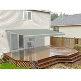 Grey manual retractable patio awning over patio seating on an outdoor deck
