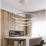 Tiered LED hanging ceiling light with three white circular rings and metal support