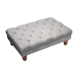 Button-tufted velvet ottoman footstool with rounded edges and gourd-shaped wood legs