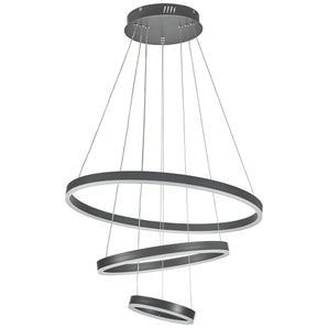Black and silver ring-shaped LED pendant light with three circular light rings