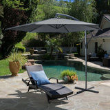Dark grey outdoor cantilever parasol umbrella open over garden seating area