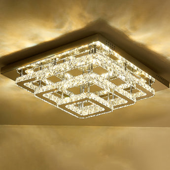 Crystal square LED semi-flush ceiling light with warm glowing crystal panels