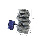 Cascading rock water fountain with solar panel, outdoor decor size shown