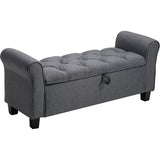 Gray linen-look storage bench ottoman with curved arms and tufted seat