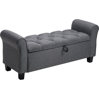 Gray linen-look storage bench ottoman with curved arms and tufted seat