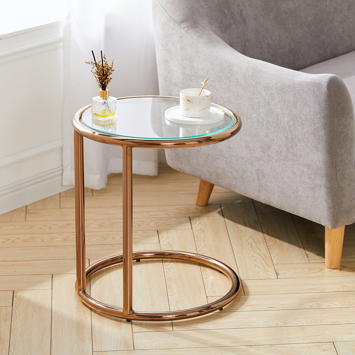 Round Tempered Glass Top Rose Gold Glass Side Table Metal Base