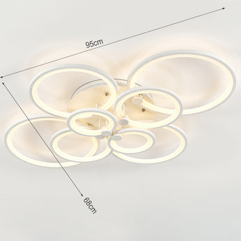 Semi flush mount ceiling light with eight circular LED rings and central hub