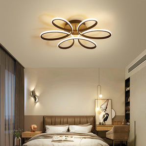 Light-adjustable LED semi-flush mount ceiling light with five acrylic ring shades, dark metal