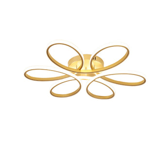 Golden acrylic LED semi-flush mount ceiling light with five white-ring shades, centered