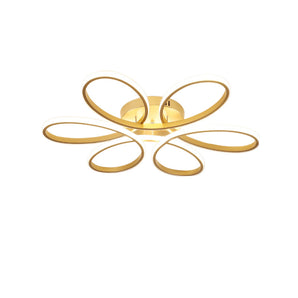 Golden acrylic LED semi-flush mount ceiling light with five white-ring shades, centered