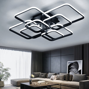 LED semi-flush ceiling light with interlocking rectangular frames, black trim and white accents