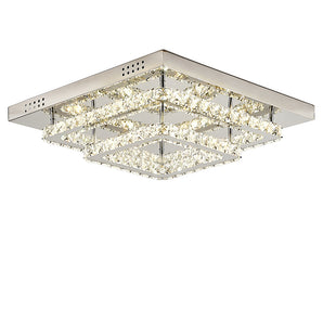 Square crystal LED ceiling light with silver panel, chrome accents, and clear prisms
