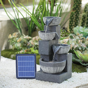 4-tier solar garden fountain with LED, gray stone basins and solar panel