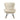 Beige faux wool rocking chair with rounded backrest and padded armrests, black metal legs