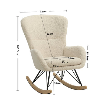 Beige faux wool rocking chair with size diagram showing height and seat dimensions