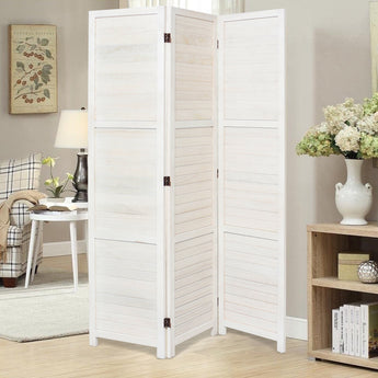 White wooden foldable room divider with multiple hinged panels, slatted design, dark hinges
