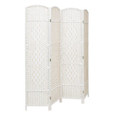 White foldable rattan room divider with 4 woven panels and rounded tops