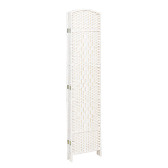 White woven rattan folding room divider panel with rounded top and support legs