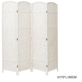White foldable rattan room divider with 4 woven panels and hinged frames