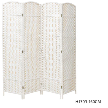 White foldable rattan room divider with 4 woven panels and hinged frames